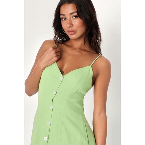 NWT Lulus Favorite Find Lime Green Linen Mini Dress With Pockets, Size Small - Picture 3 of 13